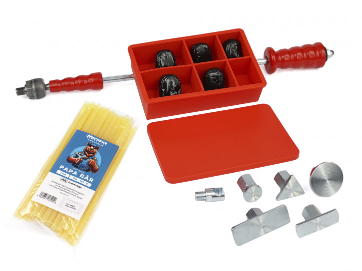 Ausbeulwerkzeug, Zughammer mit Kaltkleber Cola Fria als Dellenwerkzeug